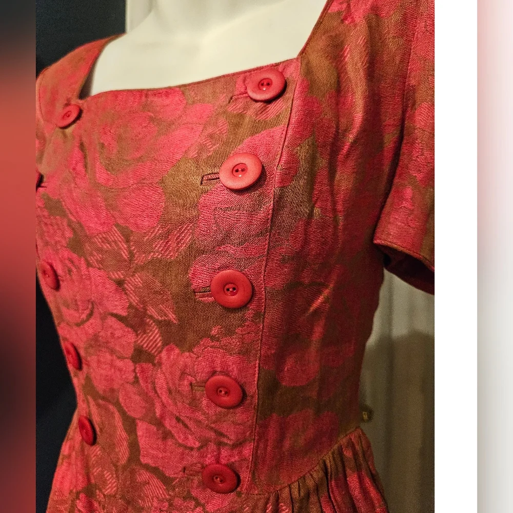 Vintage Albert Nipon Linen Brocade Dress Puffed Sleeves Floral Red
